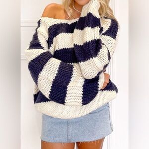 NWT. Beginning Boutique Delvey Navy Striped Chunky Knit Sweater - Navy and White